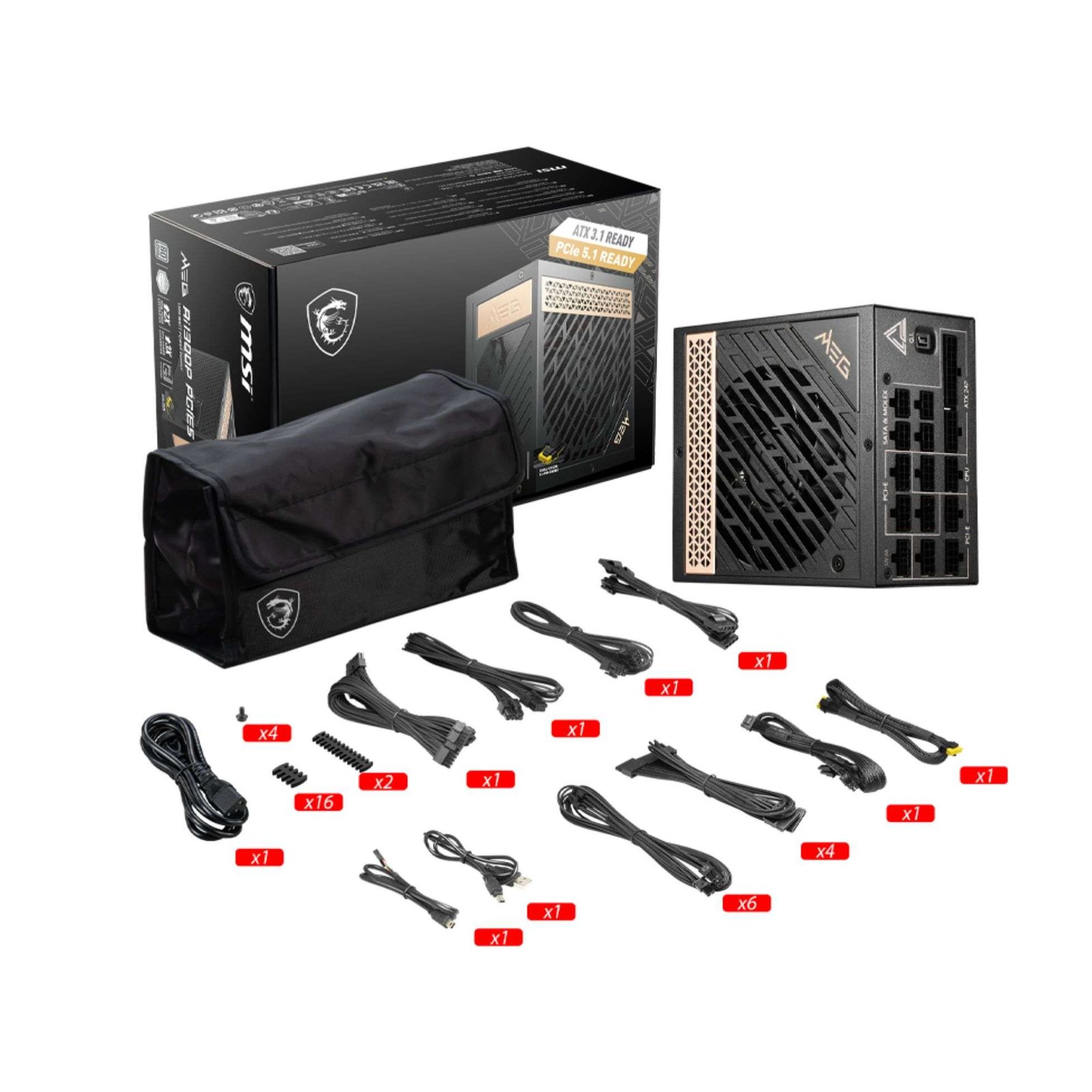 MSI MEG Ai1300P PCIe 5.0 ATX 3.0 1300W 80 PLUS Platinum Fully Modular Power Supply Unit (PSU) 5