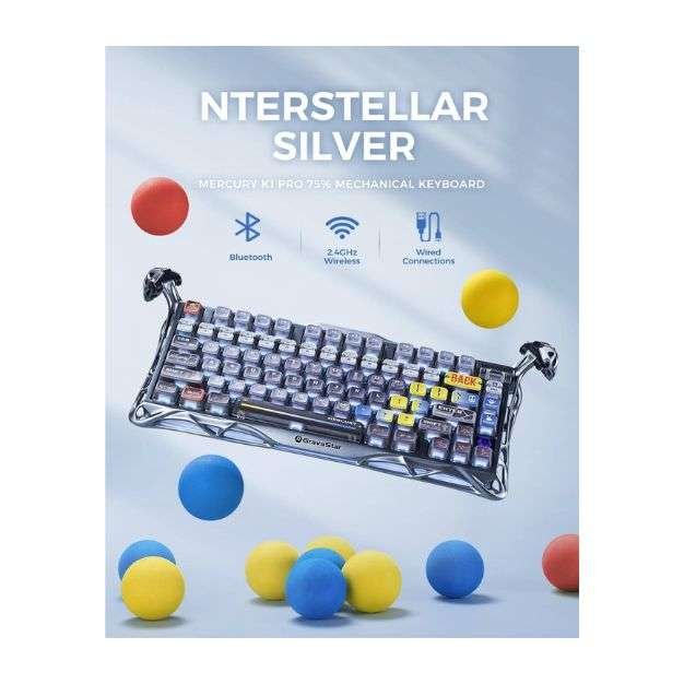 GravaStar Mercury K1 Pro Wireless Mechanical Gaming Keyboard – 75% Layout, Battle-Worn Interstellar Silver GravaStar Mercury K1 Pro Wireless Mechanical Gaming Keyboard – 75% Layout, Battle-Worn Interstellar Silver