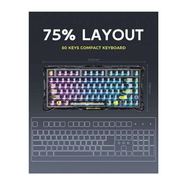 GravaStar Mercury K1 Lite Wireless Mechanical Gaming Keyboard – 75% Layout, Transparent Black GravaStar Mercury K1 Lite Wireless Mechanical Gaming Keyboard – 75% Layout, Transparent Black