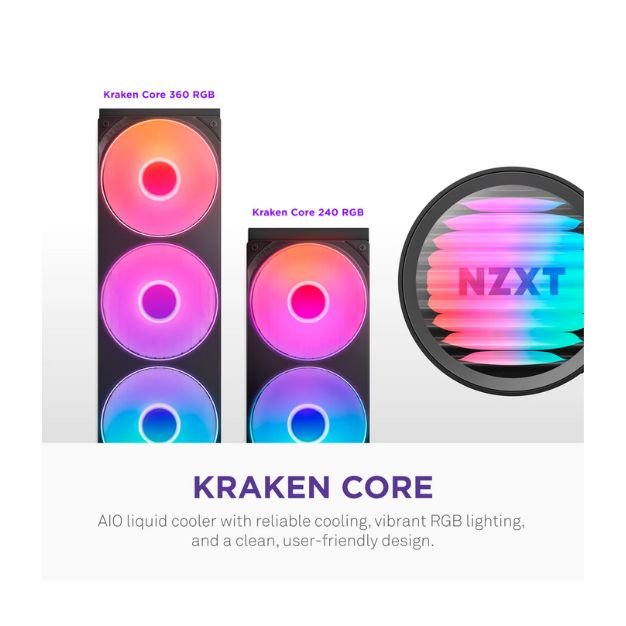 NZXT Kraken Core 360 RGB Liquid CPU Cooler – 360mm Radiator, F360 RGB Core Fans, 2400 RPM, High Airflow, Black