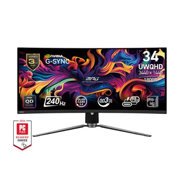 MSI MPG 341CQPX QD-OLED 34” Curved Gaming Monitor | UWQHD 3440×1440 | 240Hz | 0.03ms | HDR True Black 400
