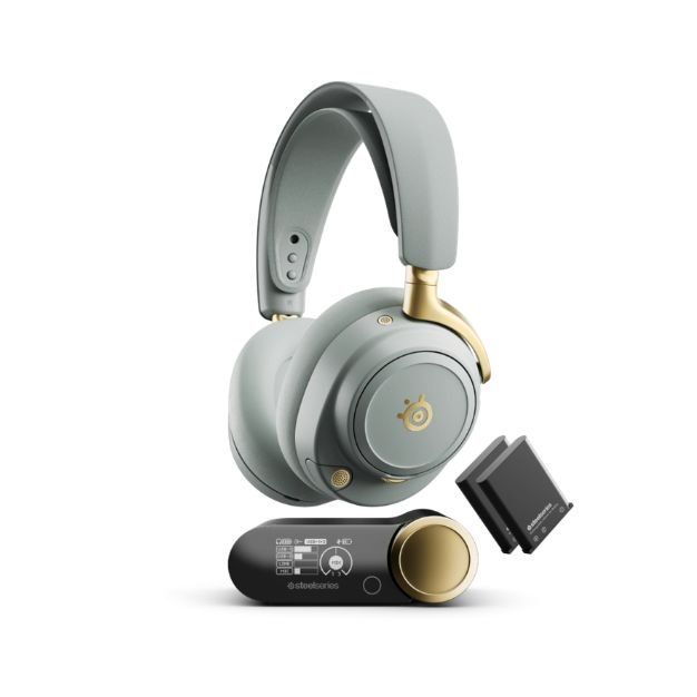 SteelSeries Arctis Nova Elite Wireless Gaming Headset – ANC, 96kHz/24bit Hi-Res Audio, 40mm Carbon Fiber Drivers, Infinite Power System (Sage & Gold)