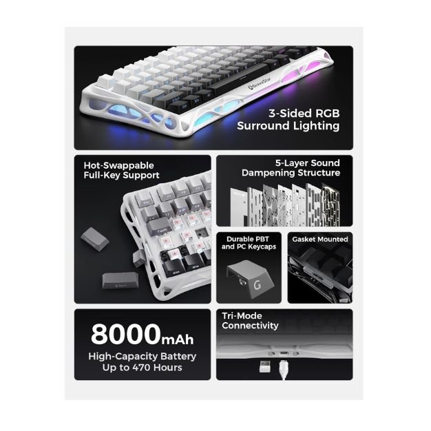 GravaStar Mercury K1 75% Wireless Mechanical Gaming Keyboard – Aluminum Alloy Exoskeleton, Hot-Swap, RGB Backlit